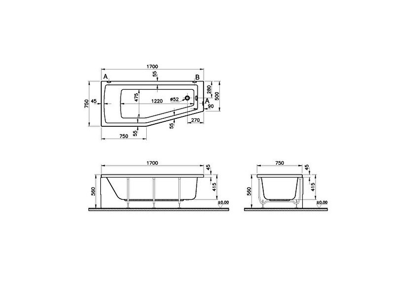 Integra baignoire à encombrement réduit, angle à gauche, en acryl., 170x75 cm - 52760001000 - Vitra