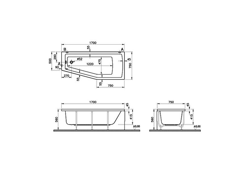 Integra baignoire à encombrement réduit, angle à droite, en acryl., 170 x75 cm - 52770001000 - Vitra