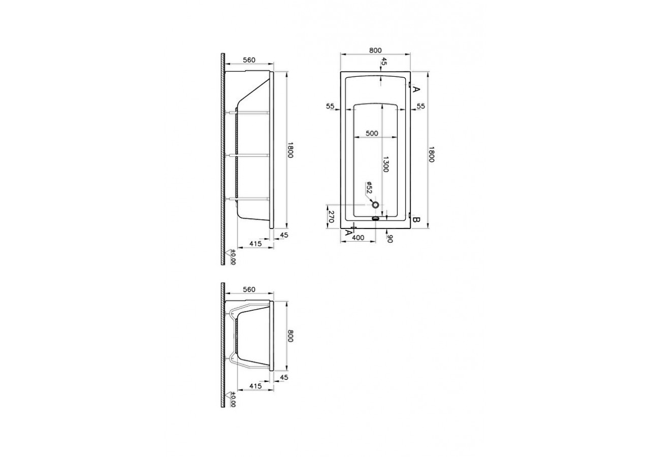 Baignoire rectangulaire à encastrer 1800 x 800 x 560 mm - 25 kg - 55840001000 - Vitra