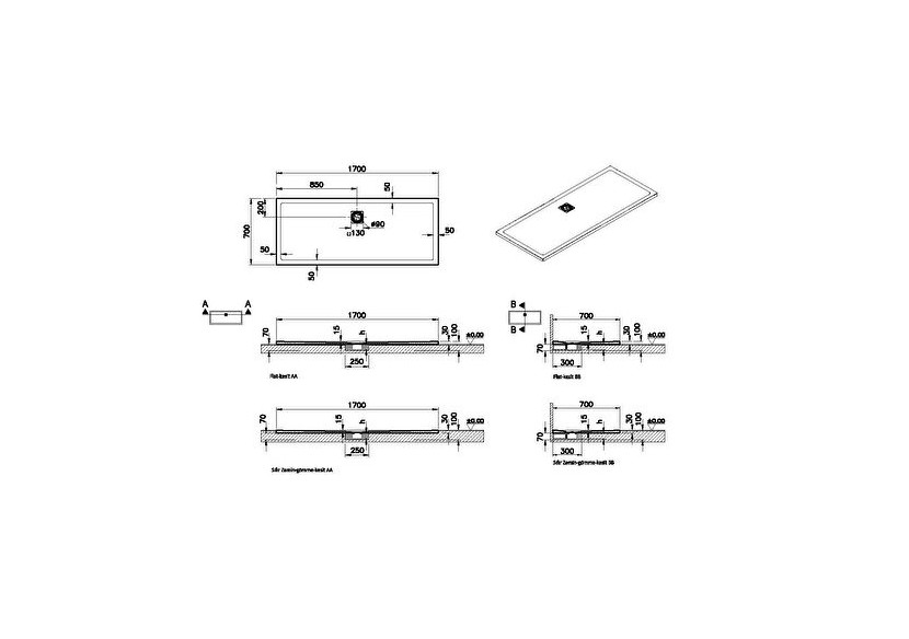 Receveur en pierre de synthèse V-Stone 170x70 Rect. Pierre Gris - 59920134000 - Vitra