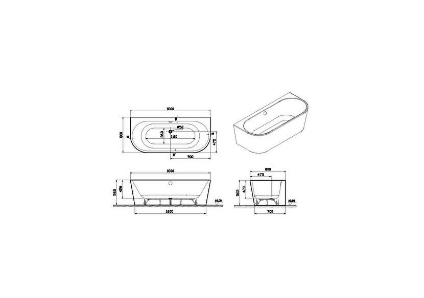 180x80 Baignoire BTW + set de pieds + siphon caché - 65420006000 - Vitra