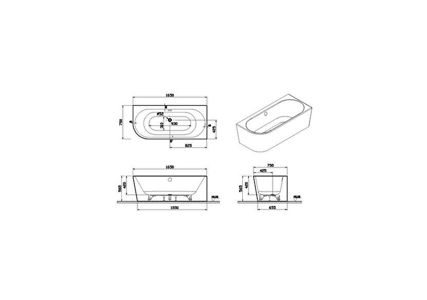 165x75 Baignoire à encombrement réduit, angle à droite + set de pieds + siphon caché - 65440006000 - Vitra