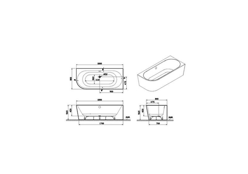 180x80 Baignoire à encombrement réduit, angle à droite + set de pieds + siphon standard - 65460008000 - Vitra