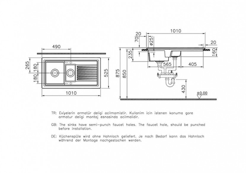 Arkitekt evier cuisine encastré,101 cm,trous pour robinet avant & arrière persés - 4081B003-0379 - Vitra