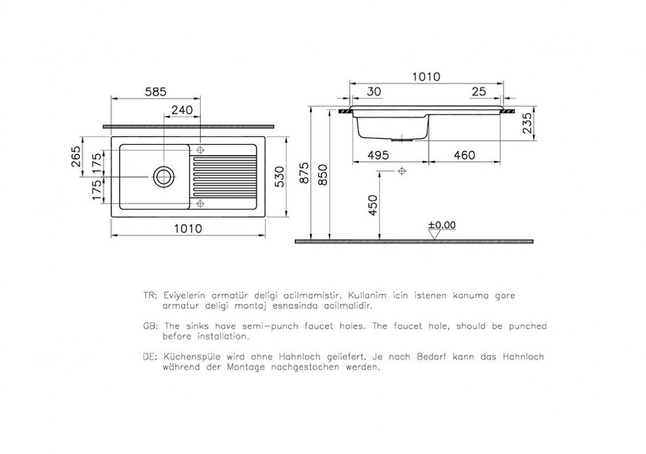 Arkitekt evier cuisine encastré,101 cm,trous pour robinet avant & arrière persés - 4107B003-0755 - Vitra