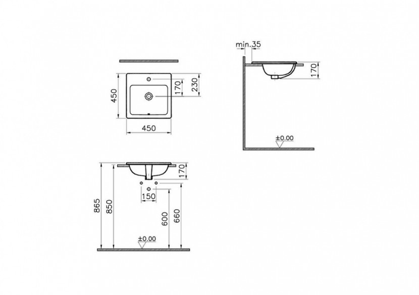 S20 vasque encastré 45 cm, 1 trou central pour robinet, avec trop-plein, - 5463B003-0001 - Vitra