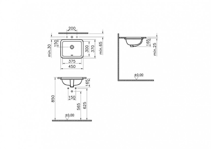 S20 vasque à encastrer par dessous 37,5 cm, sans plage de robinetterie, avec trop-plein - 5473B003-0618 - Vitra