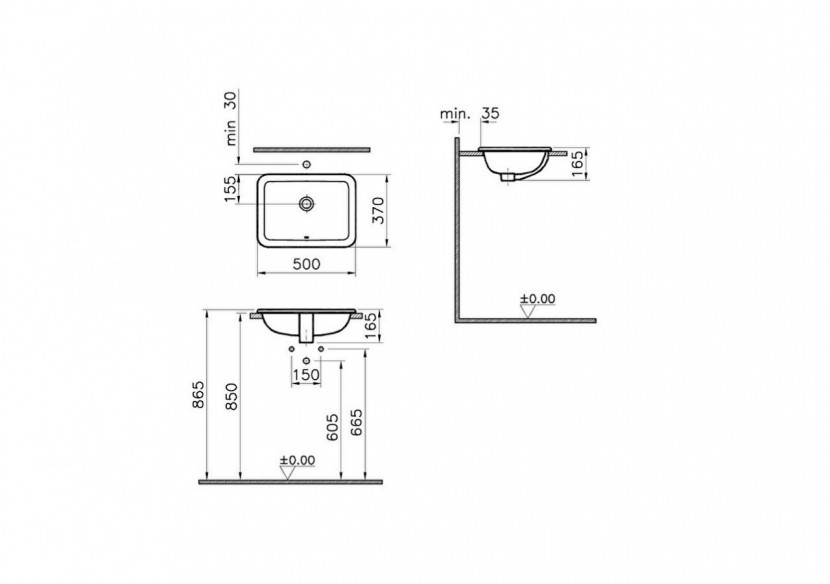 S20 vasque encastré 50 cm, 1 trou central pour robinet, avec trop-plein - 5474B003-0642 - Vitra