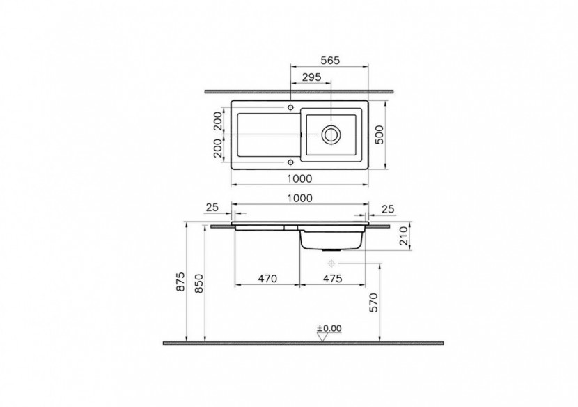 Arkitekt evier cuisine encastré,100 cm,trous pour robinet avant & arrière persés - 5770B003-0755 - Vitra