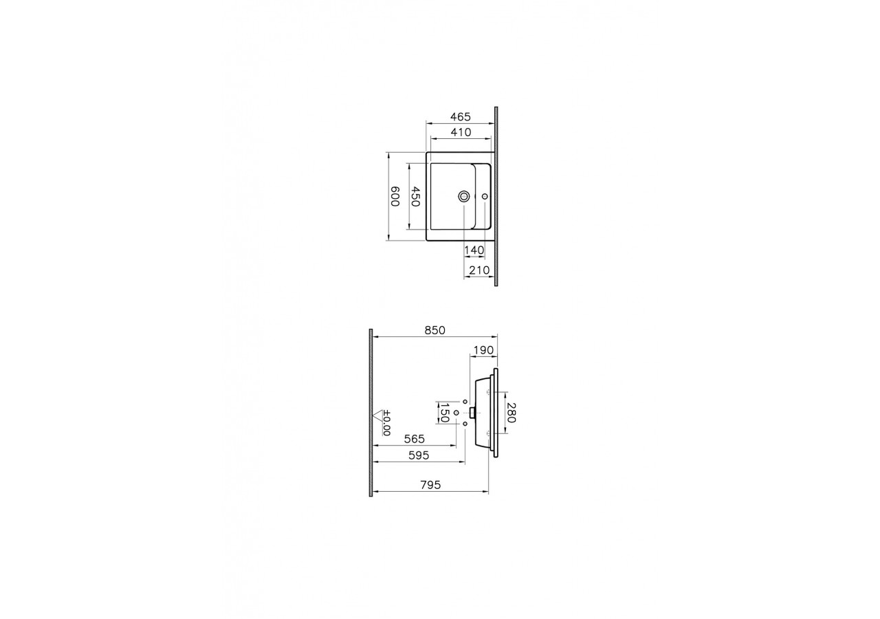 Plan céramique, 60x46 cm 1 trou de robinet, avec trou de trop-plein - 7055B003-0001 - Vitra