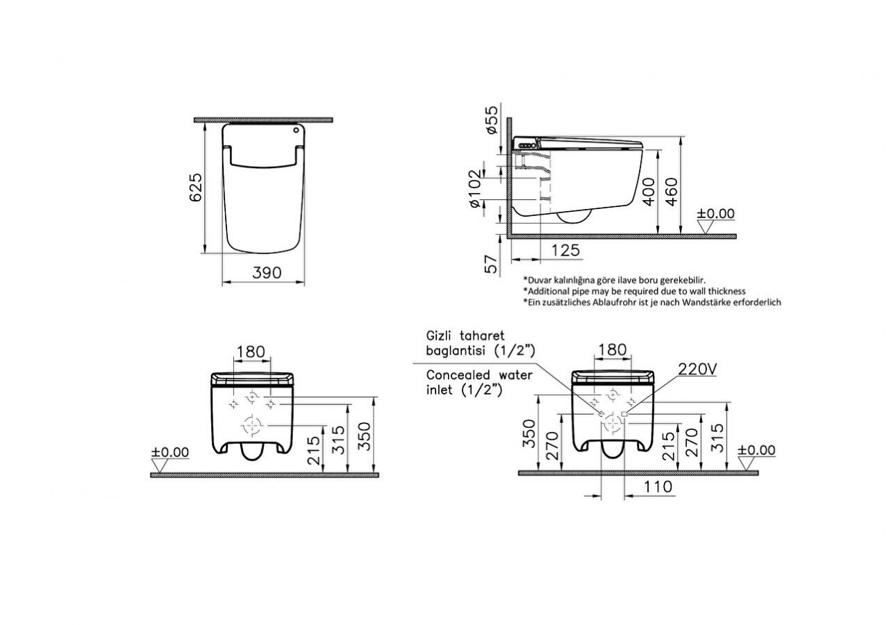 V-Care Prime WC lavant suspendu VitrA Flush 2.0, 62 cm, VitrA Clean - 7231B403-6216 - Vitra