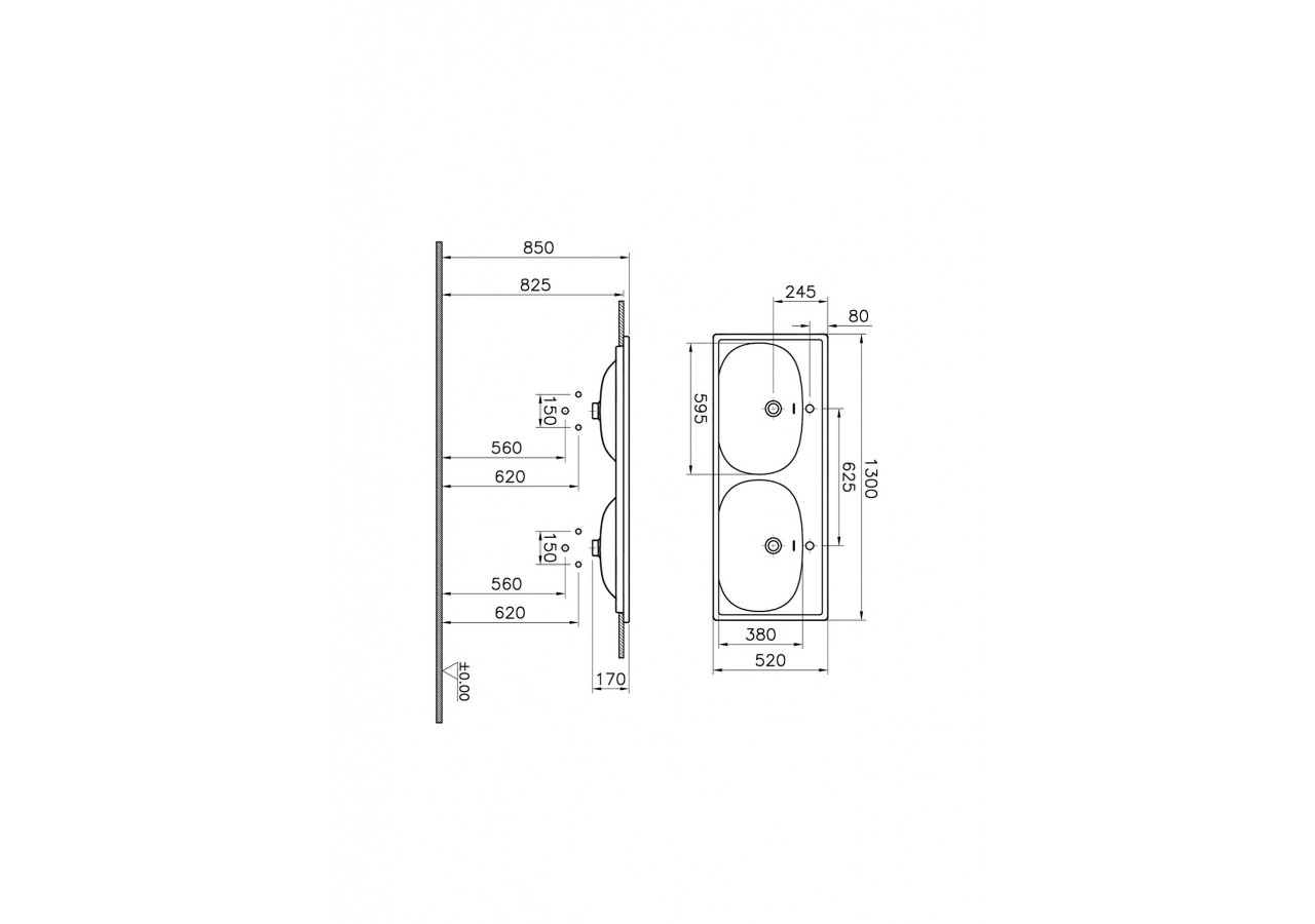 Equal plan céramique, lavabo double, 130cm, blanc - 7244B403-0001 - Vitra