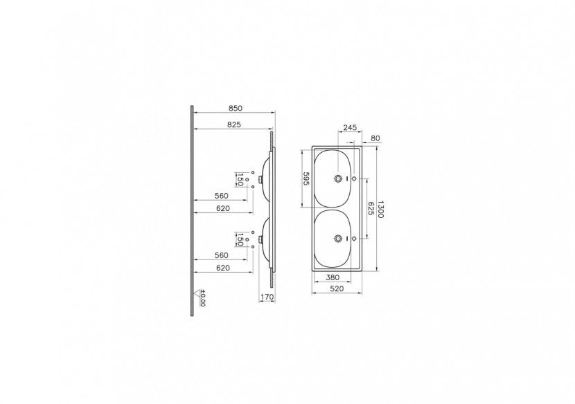 Equal plan céramique, lavabo double, 130cm, gris pierre mat - 7244B476-0001 - Vitra