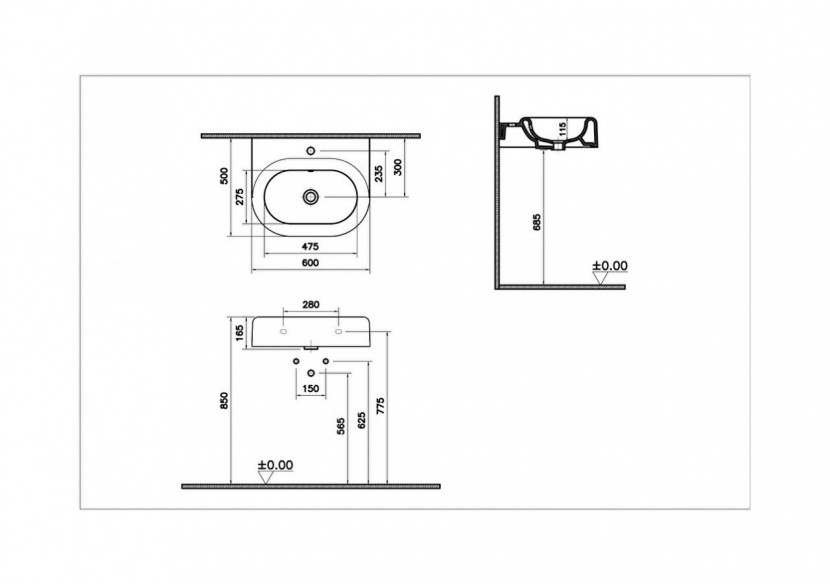 Liquid, lavabo avec trou de robinet, avec trop-plein, 60 cm - 7316B403-0001 - Vitra