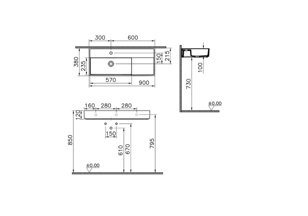 Lavabo compact, 90x38 cm 1 trou de robinet, sans trou de trop-plein - 7402B003-0041 - Vitra