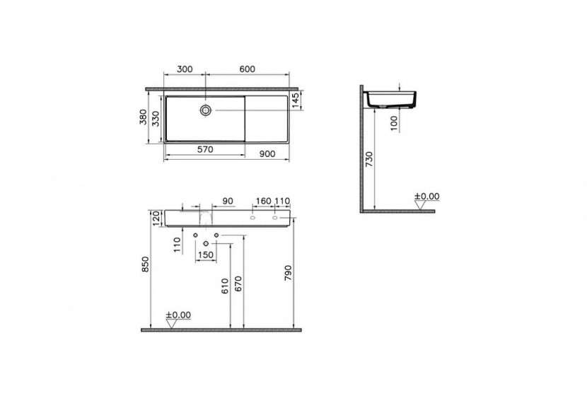 Lavabo compact, 90x38 cm sans trou de robinet, sans trou de trop-plein - 7405B003-0016 - Vitra