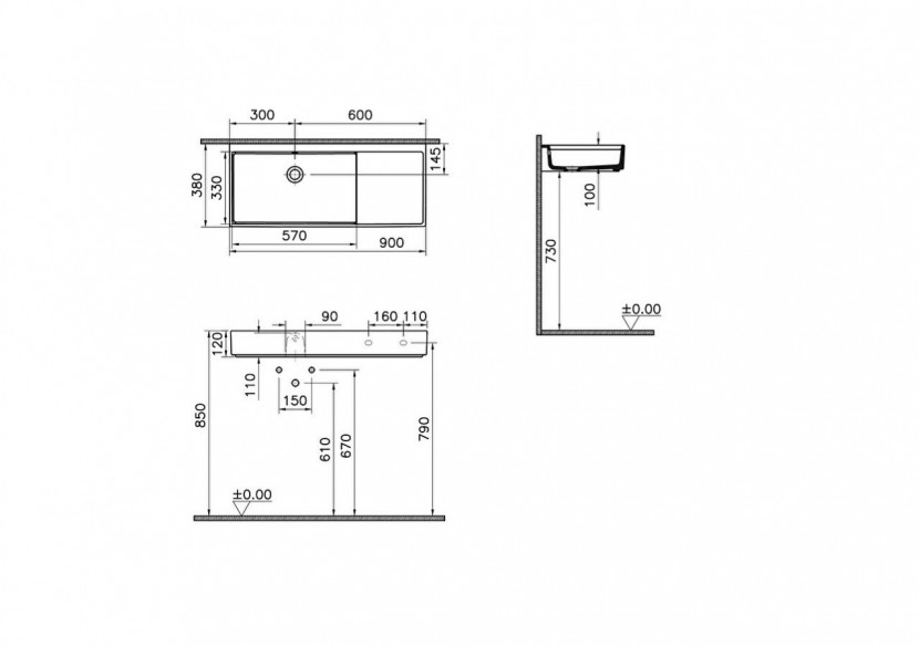 Lavabo compact, 90x38 cm sans trou de robinet, sans trou de trop-plein, avec pieds en métal - 7405B003-6279 - Vitra