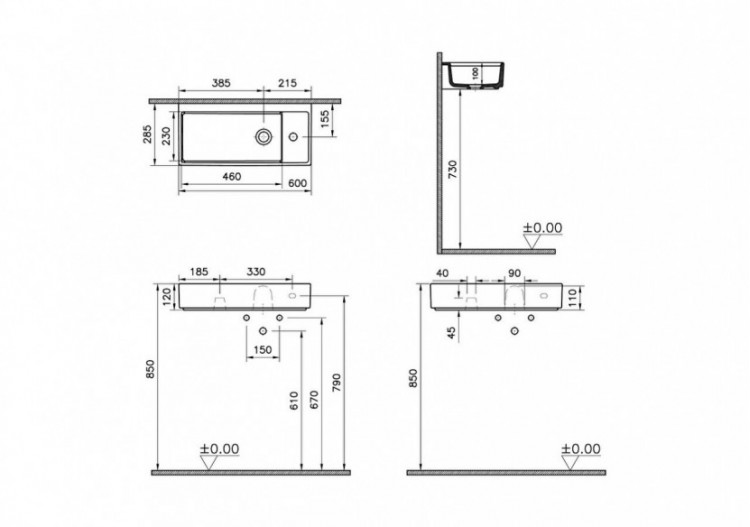 Lavabo compact, 60x28 cm 1 trou de robinet à droite, sans trou de trop-plein - 7406B003-0294 - Vitra 2