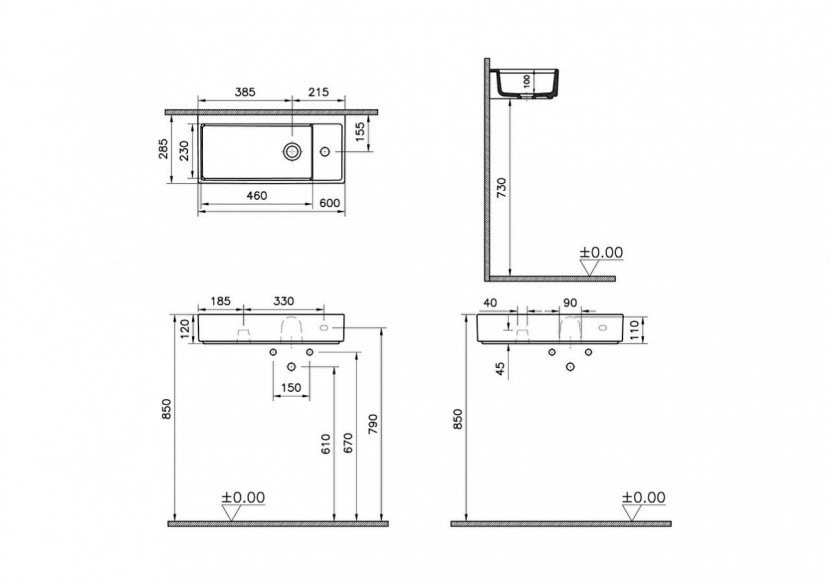 Lavabo compact, 60x28 cm 1 trou de robinet à droite, sans trou de trop-plein - 7406B003-0294 - Vitra