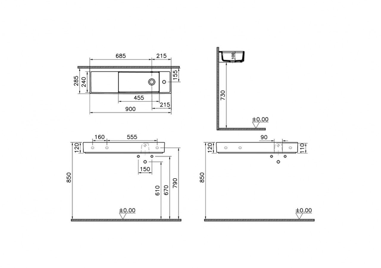 Lavabo compact, 90x28 cm 1 trou de robinet à droite, avec trou de trop-plein - 7407B003-0029 - Vitra