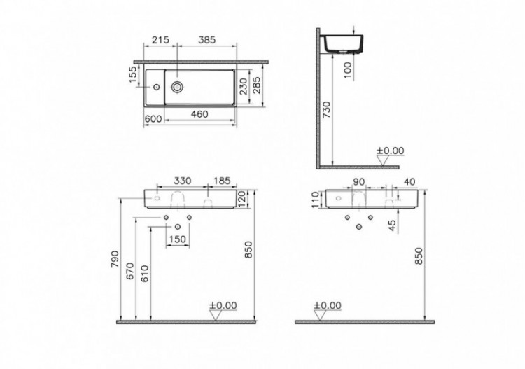 Lavabo compact, 60x28 cm 1 trou de robinet à gauche, sans trou de trop-plein - 7408B003-0052 - Vitra 2