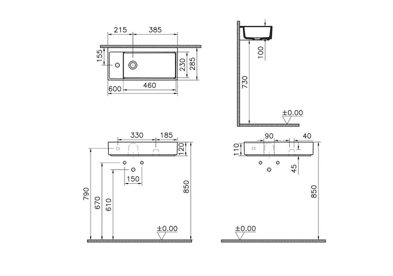 Lavabo compact, 60x28 cm 1 trou de robinet à gauche, sans trou de trop-plein - 7408B003-0052 - Vitra