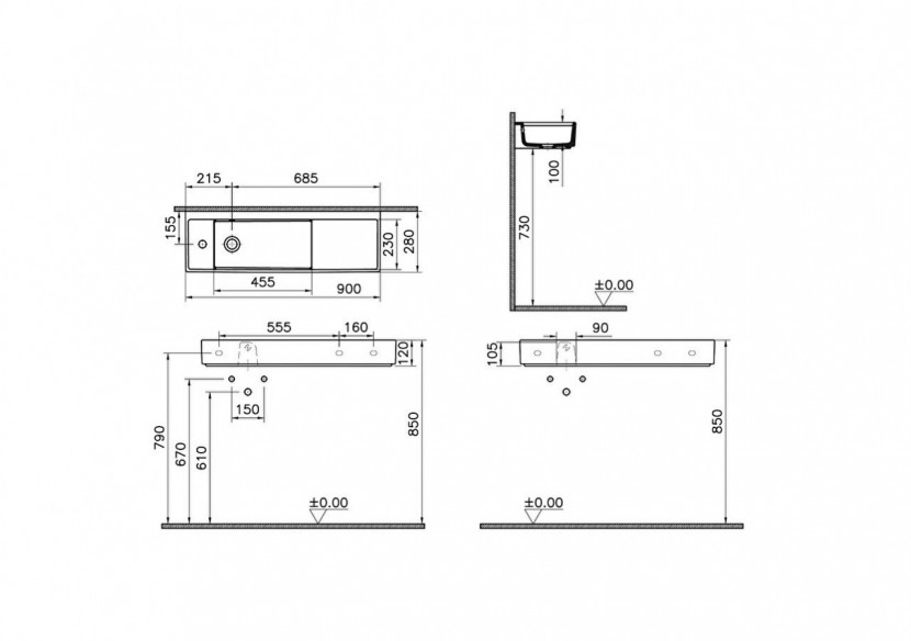 Lavabo compact, 90x28 cm 1 trou de robinet à gauche, avec trou de trop-plein - 7409B003-0028 - Vitra