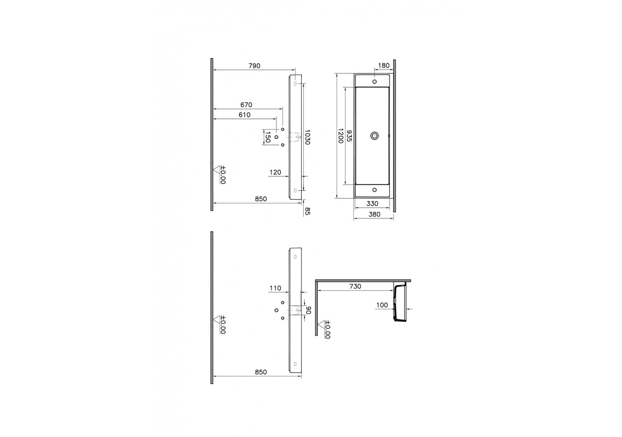 Lavabo compact, 120x38 cm 2 trous de robinet à droite et à gauche, avec trou de trop-plein -7410B003-1452-Vitra