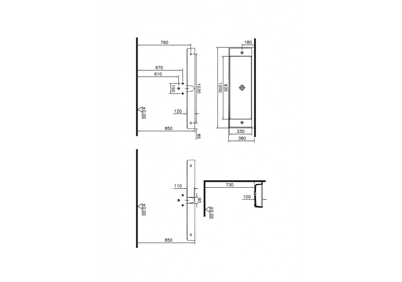 Lavabo compact, 120x38 cm 2 trous de robinet à droite et à gauche, sans trou de trop-plein -7410B003-1808-Vitra