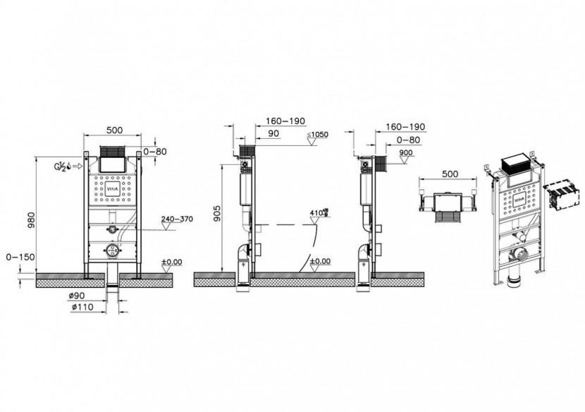 Bâti-support 98 cm, pour WC back-to-wall et Sento Kids, fixation sol et mur - 761-5833-01 - Vitra