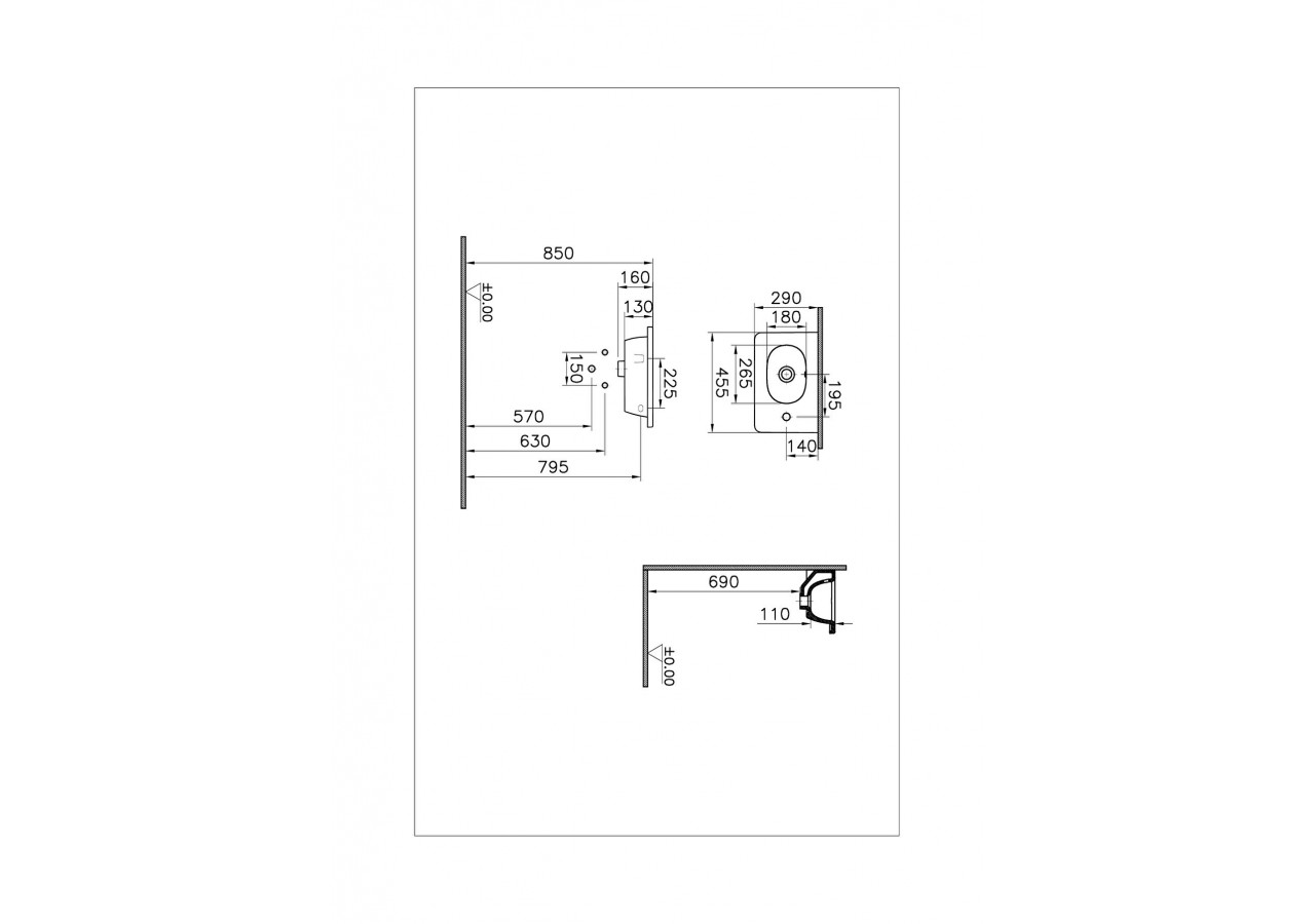 Plan céramique 45 cm, projection courte 1 trou de robinet à droite, avec trou de trop-plein - 7789B003-0029 - Vitra