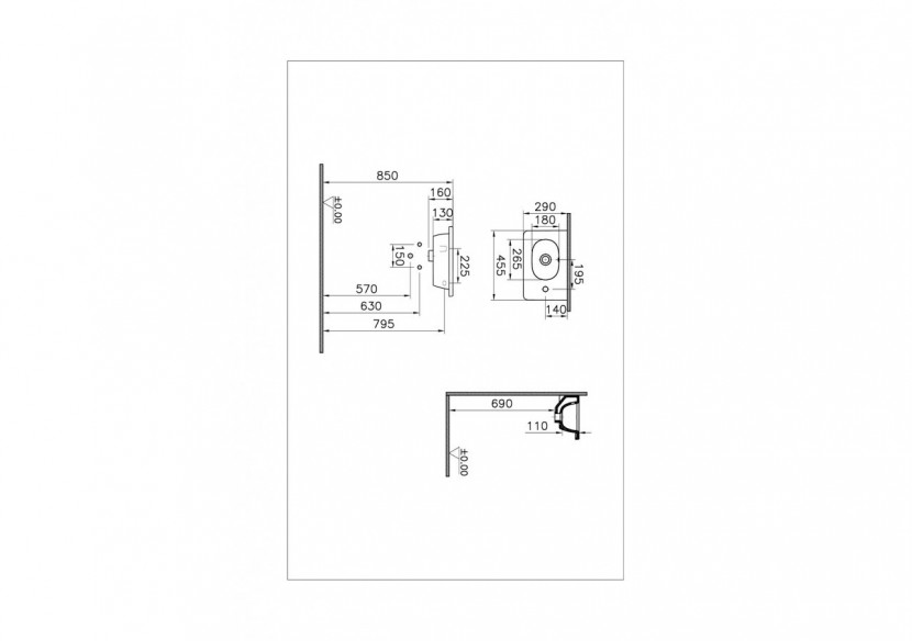 Plan céramique 45 cm, projection courte 1 trou de robinet à droite, avec trou de trop-plein - 7789B003-0029 - Vitra