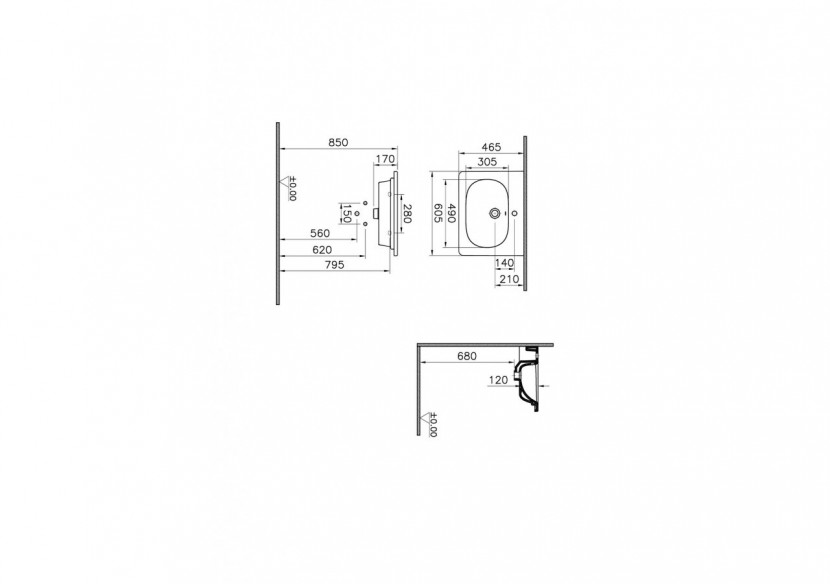 Plan céramique 60 cm, projection courte 1 trou de robinet, avec trou de trop-plein - 7791B003-0001 - Vitra