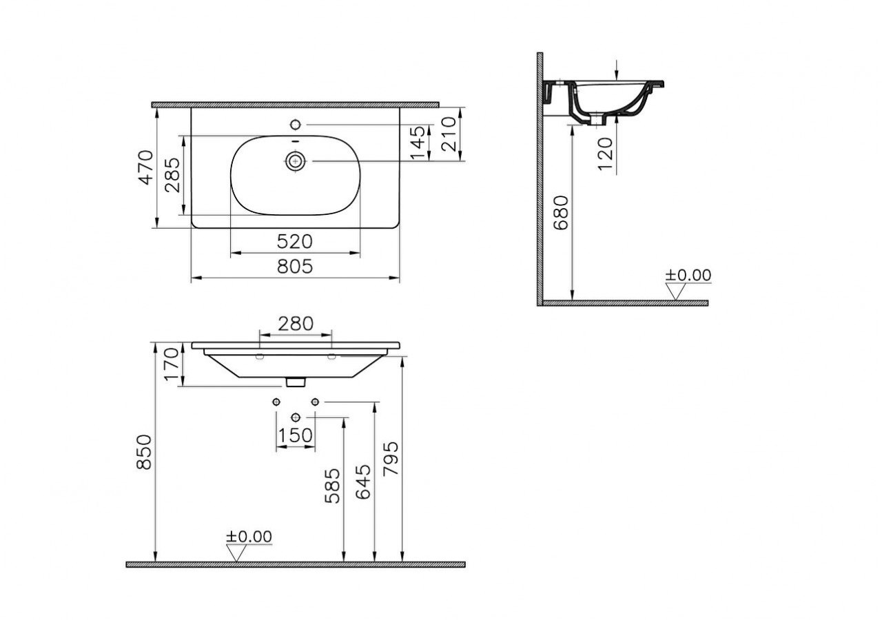 Plan céramique 80 cm, projection courte 1 trou de robinet, avec trou de trop-plein - 7793B003-0001 - Vitra