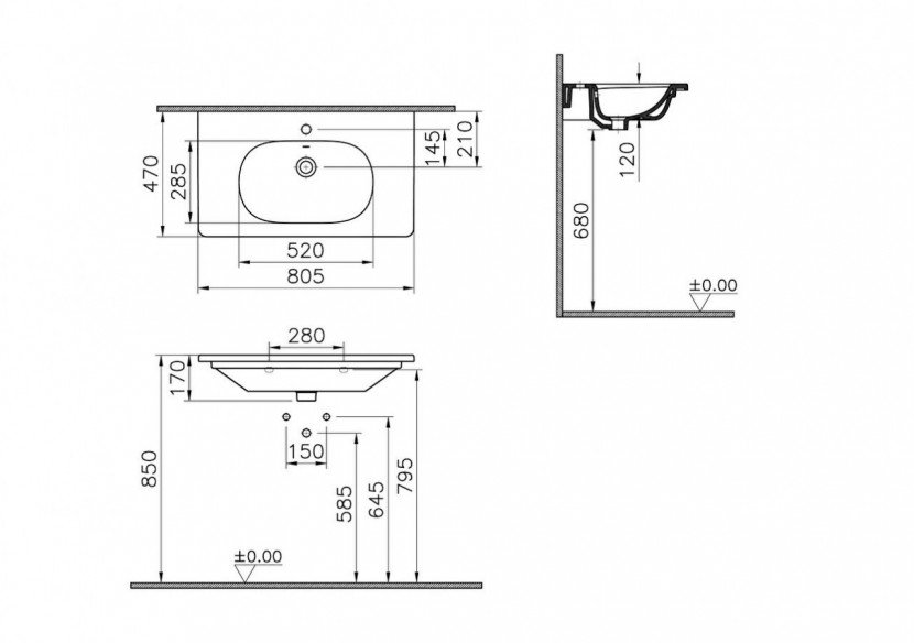 Plan céramique 80 cm, projection courte 1 trou de robinet, avec trou de trop-plein - 7793B003-0001 - Vitra