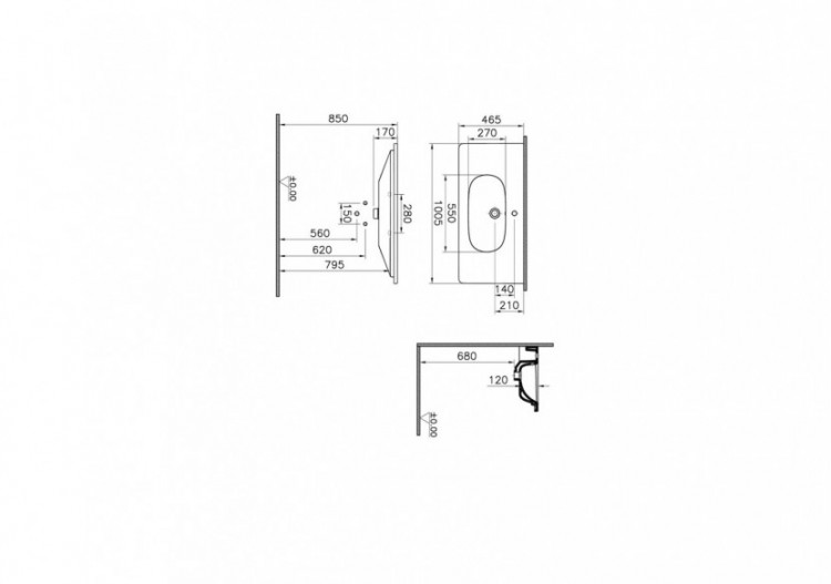 Plan céramique, 100 cm 1 trou de robinet, avec trou de trop-plein - 7794B003-0001 - Vitra 2