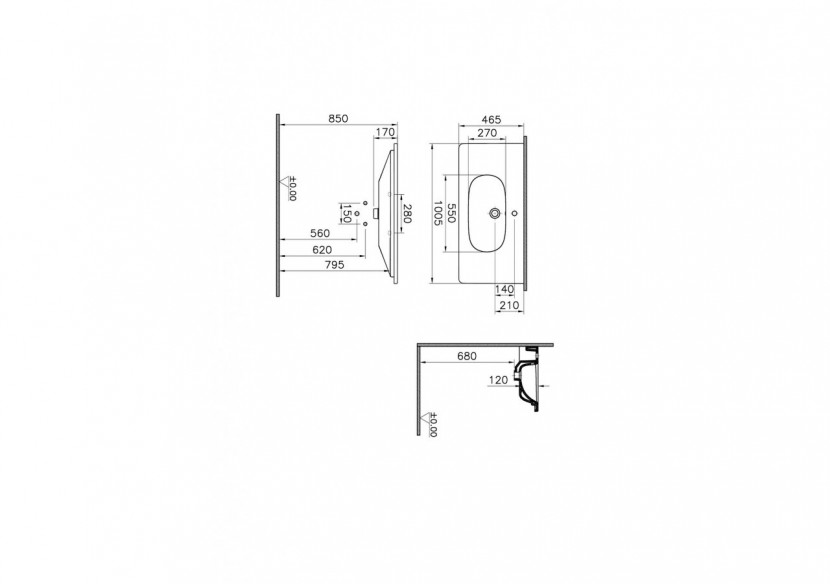 Plan céramique, 100 cm 1 trou de robinet, avec trou de trop-plein - 7794B003-0001 - Vitra