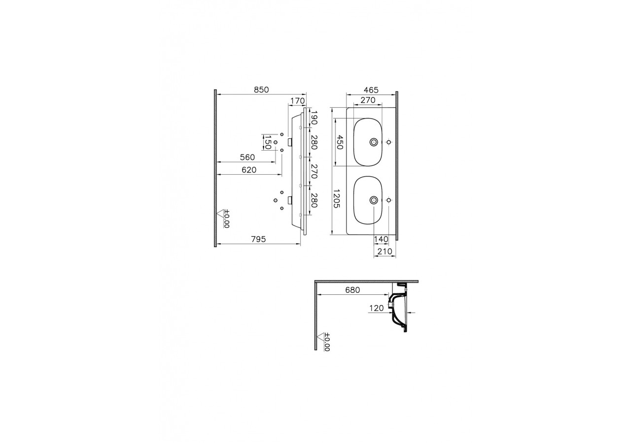 Plan céramique 120 cm, double vasque Double trou de robinet, avec trou de trop-plein - 7795B003-0001 - Vitra