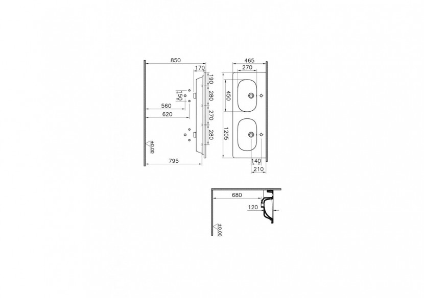 Plan céramique 120 cm, double vasque Double trou de robinet, avec trou de trop-plein - 7795B003-0001 - Vitra