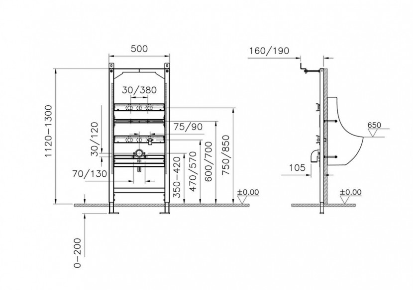 Bâti-support pour urinoir en cloison sèche, fixation sol et mur - 880-3800 - Vitra