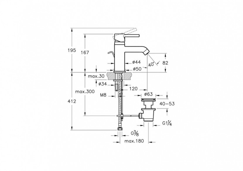 Mitigeur de lavabo, avec tirette et garniture de vidage G 1 1/4-Montage mono trou - Saillie 120 mm -A41986EXP-Vitra