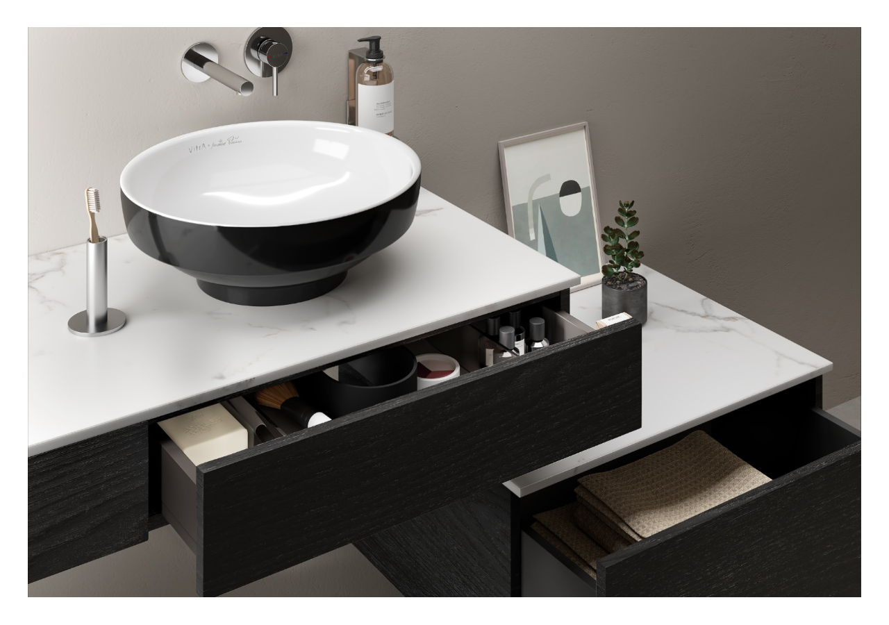 Origin plan de toilette avec tiroir, 150 cm, chêne noir structure, droite - 65692 - Vitra