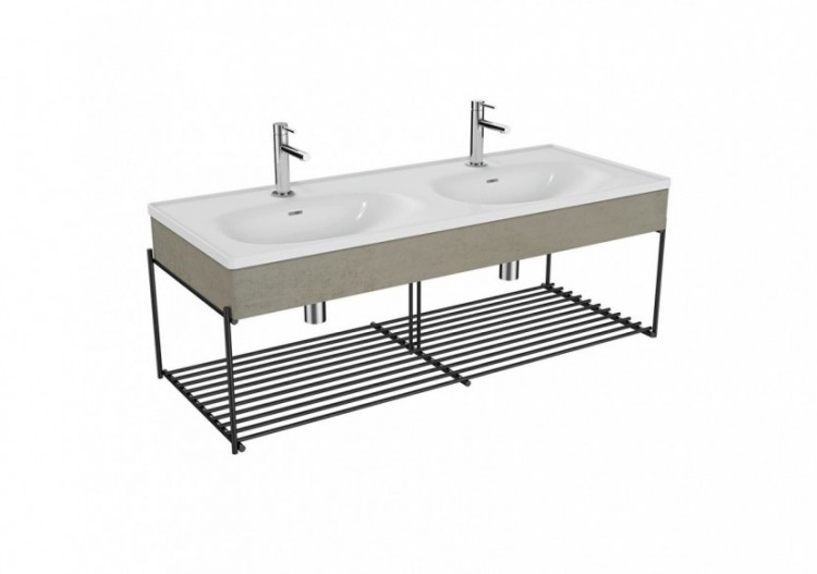 Equal plan cér.,lav. double,pann.en bois,etagère,gris pierre mat & béton,130cm - 66045 - Vitra