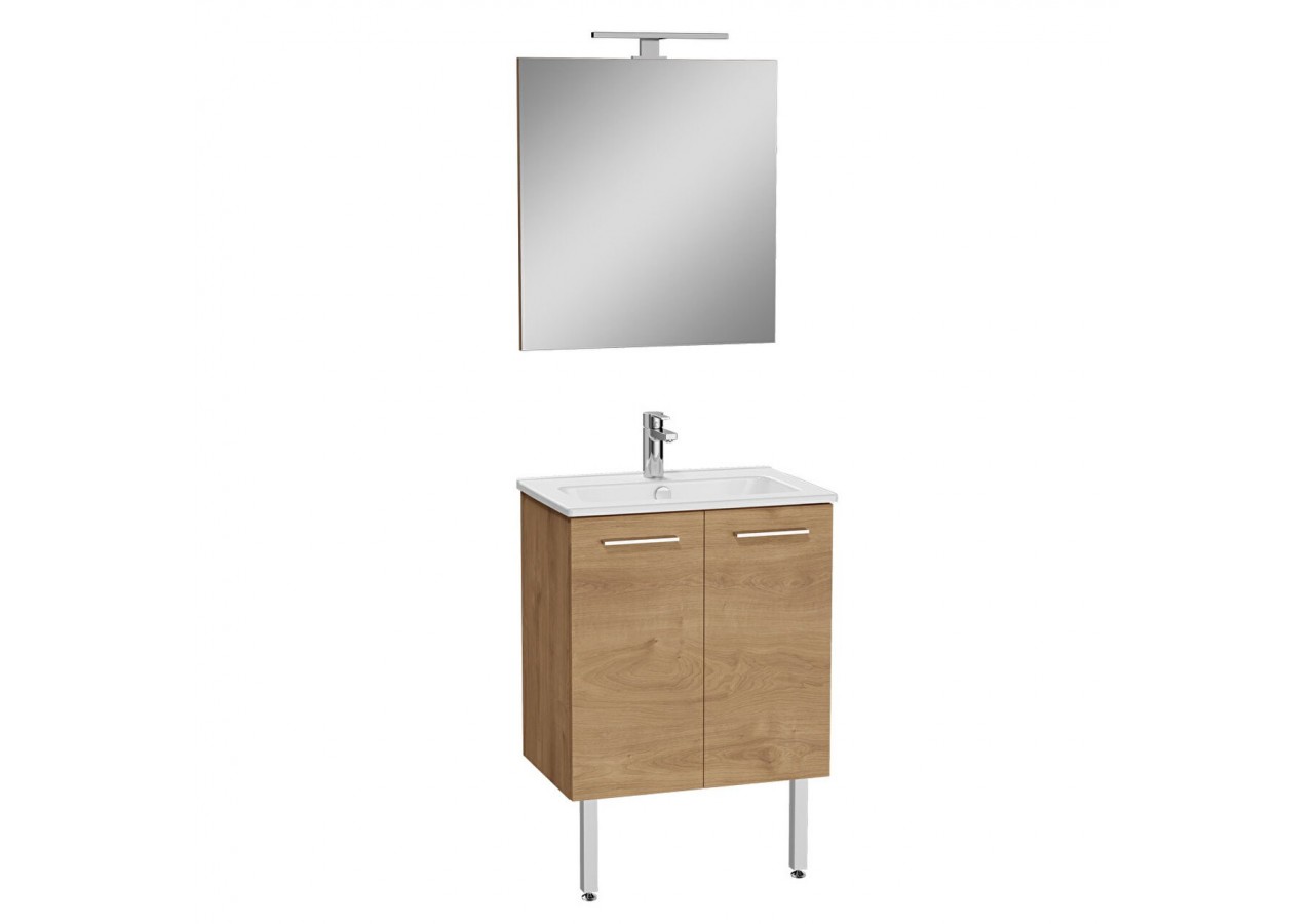 MIA set de meuble avec plan céramique, 60 cm, 2 portes, avec miroir avec éclairage LED, pieds chromés, chêne doré -67260-Vitra