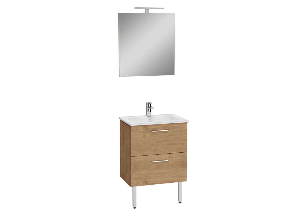 MIA set de meuble avec plan céramique, 60 cm, 2 tiroirs, avec miroir avec éclairage LED, pieds chromés, chêne doré -67261-Vitra