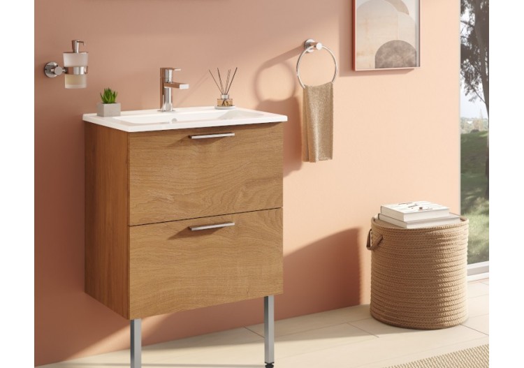 MIA set de meuble avec plan céramique, 60 cm, 2 tiroirs, avec miroir avec éclairage LED, pieds chromés, chêne doré -67261-Vitra 2