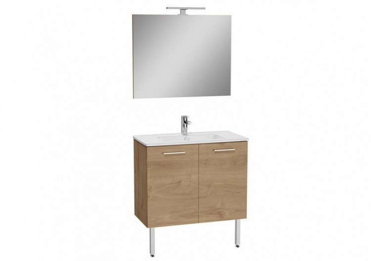 MIA set de meuble avec plan céramique, 80 cm, 2 portes, avec miroir avec éclairage LED, pieds chromés, chêne doré -67263-Vitra