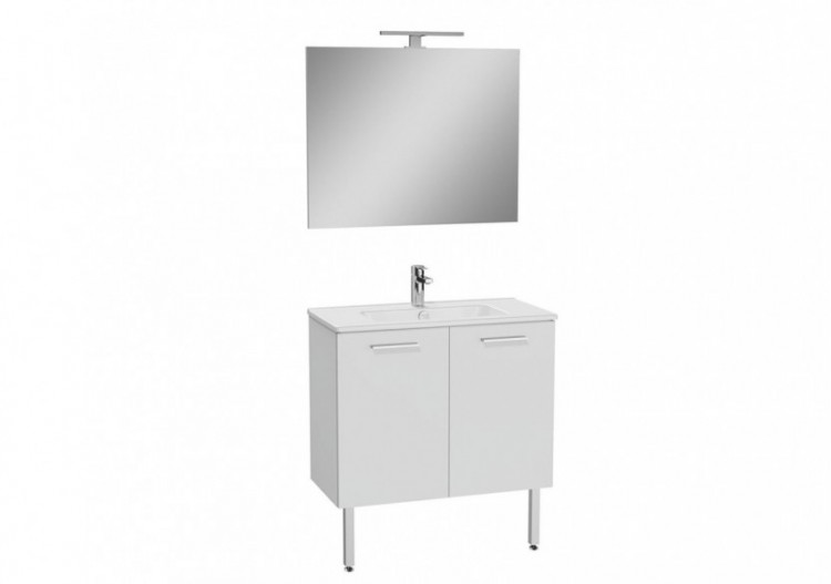 MIA set meuble plan céramique, 80 cm, 2 portes, avec miroir avec éclairage LED, pieds chromés, blanc brillant -67266-Vitra