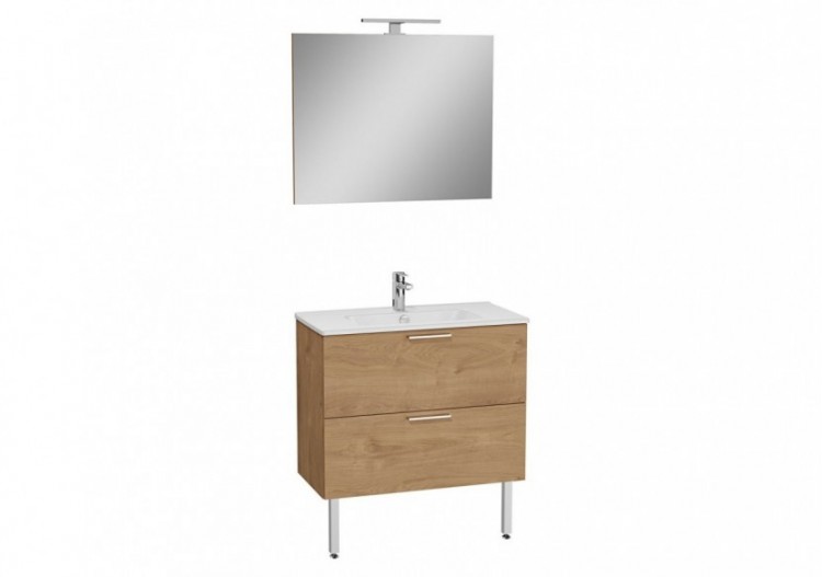 MIA set de meuble avec plan céramique, 80 cm, 2 tiroirs, avec miroir avec éclairage LED, pieds chromés, chêne doré -67267-Vitra