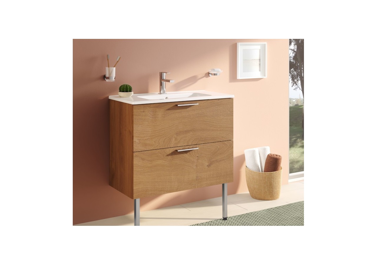 MIA set de meuble avec plan céramique, 80 cm, 2 tiroirs, avec miroir avec éclairage LED, pieds chromés, chêne doré -67267-Vitra